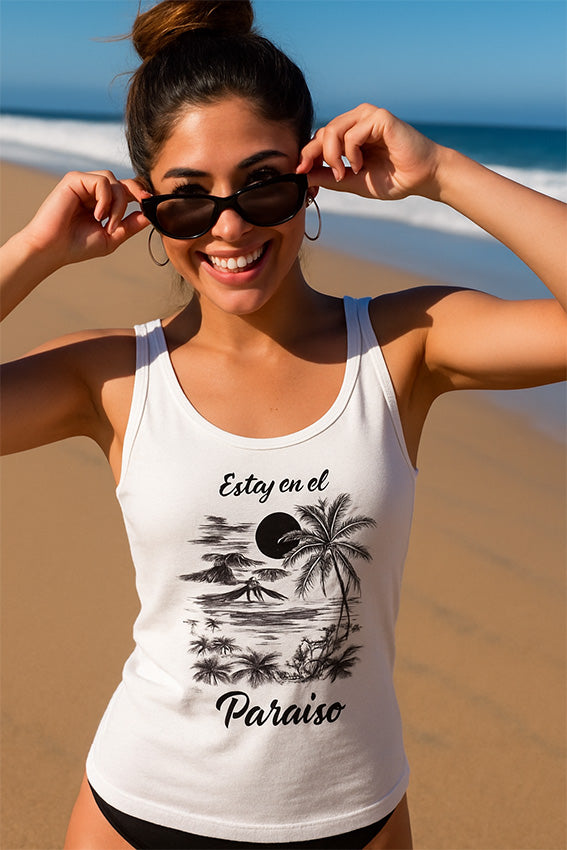 Playera Tank Top  blanca personalizada con tu playa favorita | Estoy en el Paraíso
