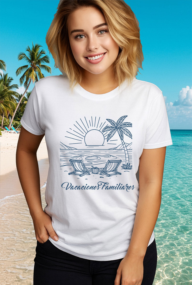 Playera manga corta blanca de Mujer MODELO vacaciones familiares