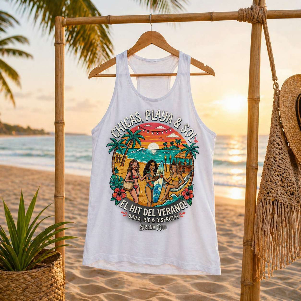 Tank Top blanca “Chicas, Playa & Sol” – Sirena Blu ☀️🌴