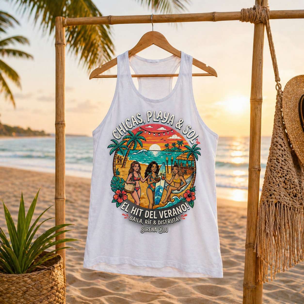 Tank Top blanca “Chicas, Playa & Sol” – Sirena Blu ☀️🌴