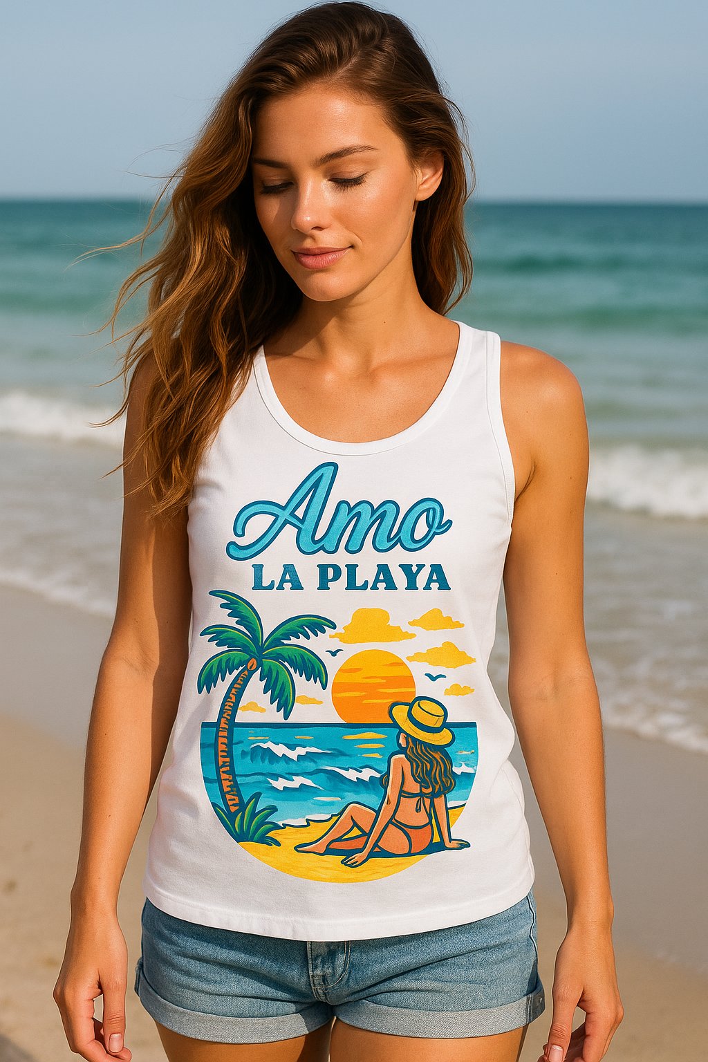 Playera Tank Top  blanca personalizada con tu playa favorita | Amo la Playa