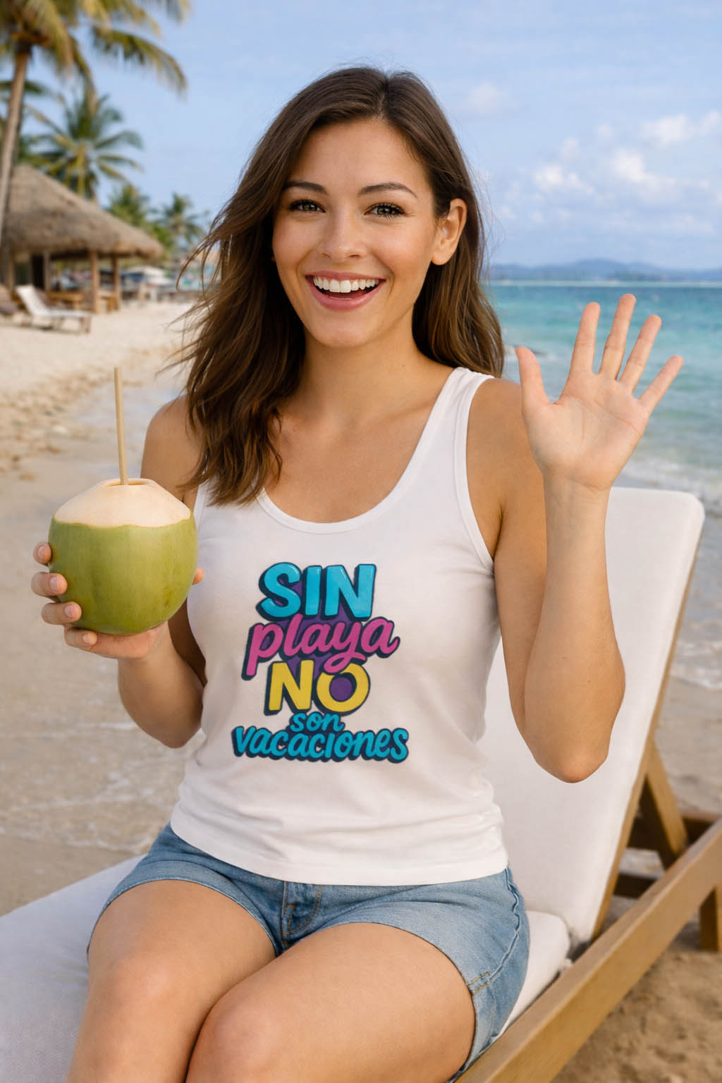 Divertida Tank Top estampada MODELO Sin Playa NO son Vacaciones