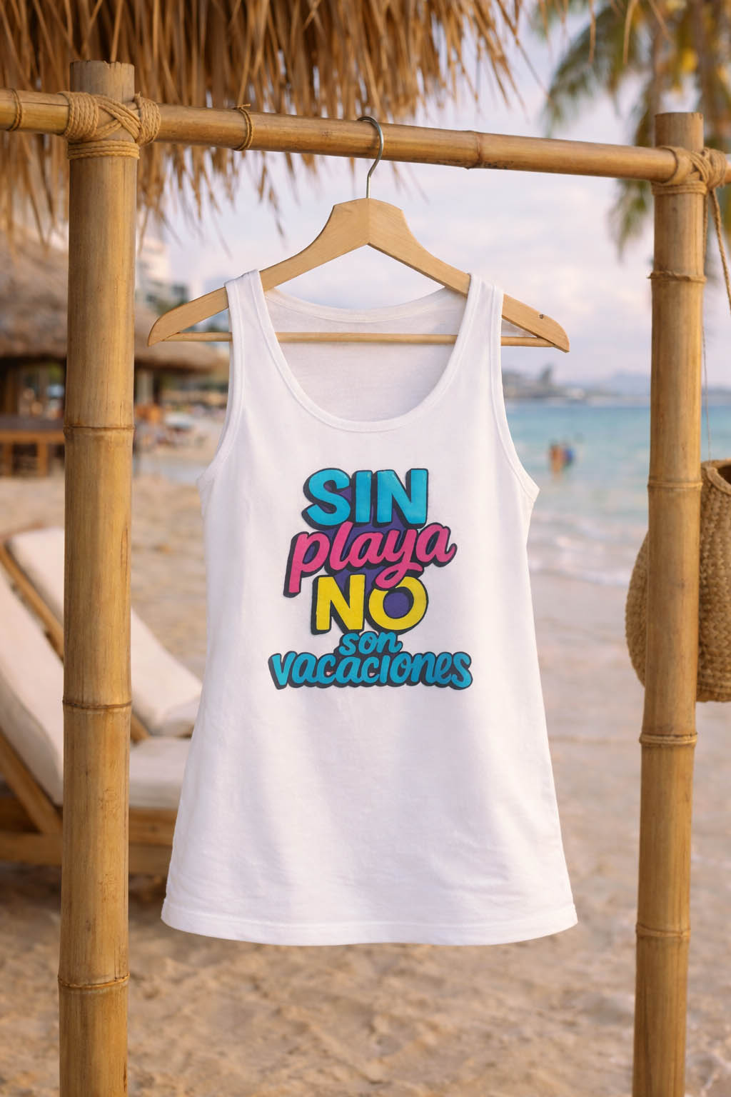 Divertida Tank Top estampada MODELO Sin Playa NO son Vacaciones