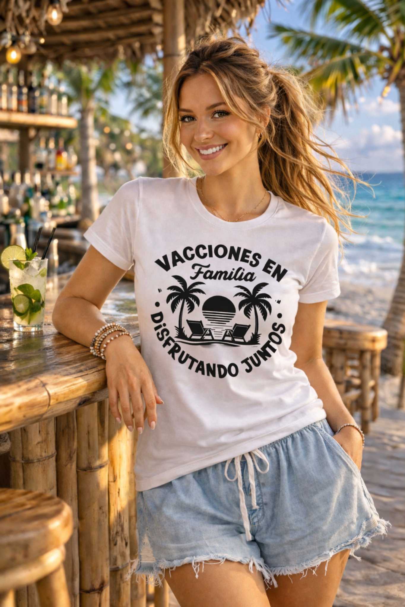 Playera Blanca estampada  MODELO  "Vacaciones en Familia"